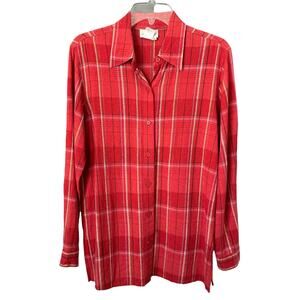 Vintage Coldwater Creek Wms Small Red Plaid Linen Blend Button Up Tunic Shirt